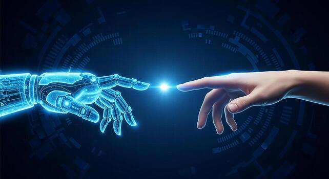 human-and-robotic-hands-reaching-out-to-connect-against-a-futuristic-technological-background-symbolizing-artificial-intelligence-synergy-and-the-future-of-technology-photo